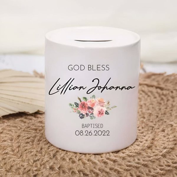 Tirelire avec prénom : cadeau de baptême