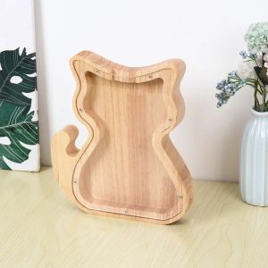 Tirelire en forme de chat en bois naturel