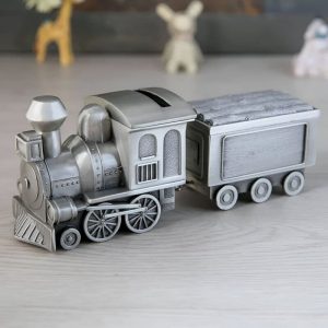 Tirelire locomotive en métal argenté